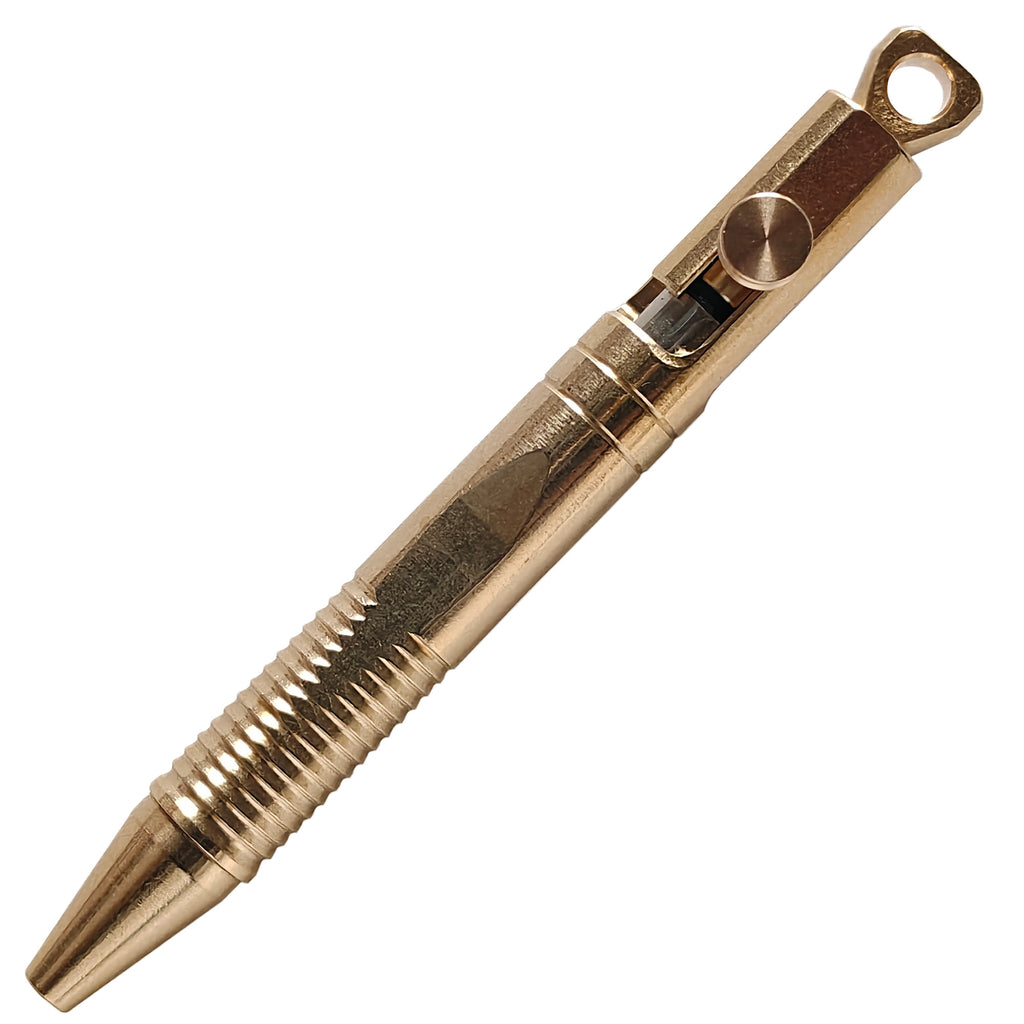 Compact Mini Brass EDC Bolt Action Ballpoint Pen – Portable Keychain Pen with Quick Release, Grooved Grip, Secure Lock, and Lanyard Loop for Everyday Carry