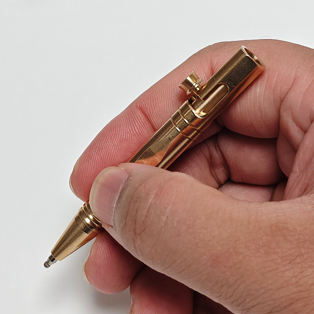 Compact Mini Brass EDC Bolt Action Ballpoint Pen – Portable Keychain Pen with Quick Release, Grooved Grip, Secure Lock, and Lanyard Loop for Everyday Carry