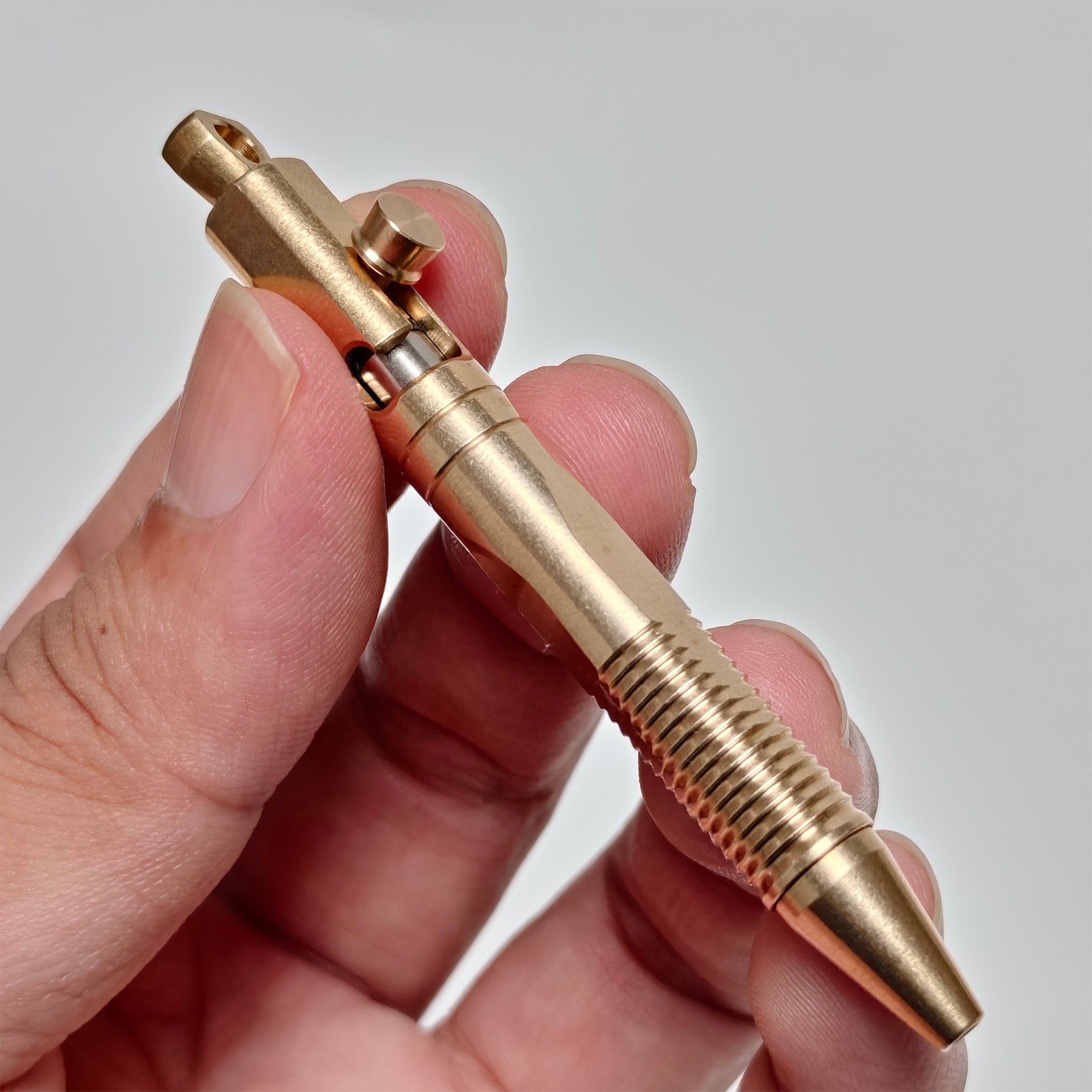 Compact Mini Brass EDC Bolt Action Ballpoint Pen – Portable Keychain Pen with Quick Release, Grooved Grip, Secure Lock, and Lanyard Loop for Everyday Carry