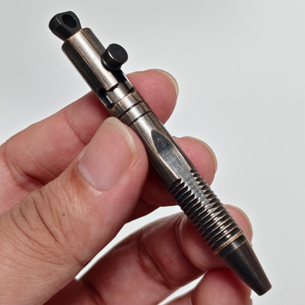 Compact Mini Brass EDC Bolt Action Ballpoint Pen – Portable Keychain Pen with Quick Release, Grooved Grip, Secure Lock, and Lanyard Loop for Everyday Carry