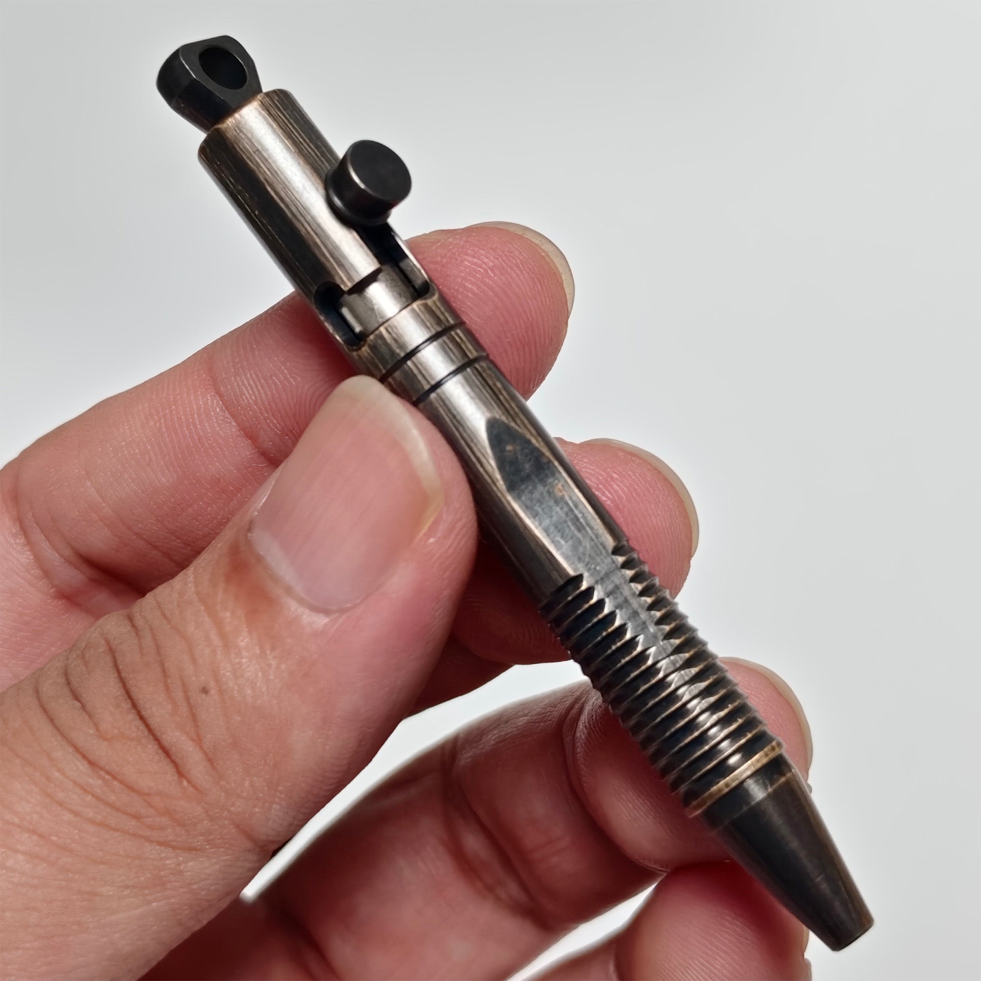 Compact Mini Brass EDC Bolt Action Ballpoint Pen – Portable Keychain Pen with Quick Release, Grooved Grip, Secure Lock, and Lanyard Loop for Everyday Carry